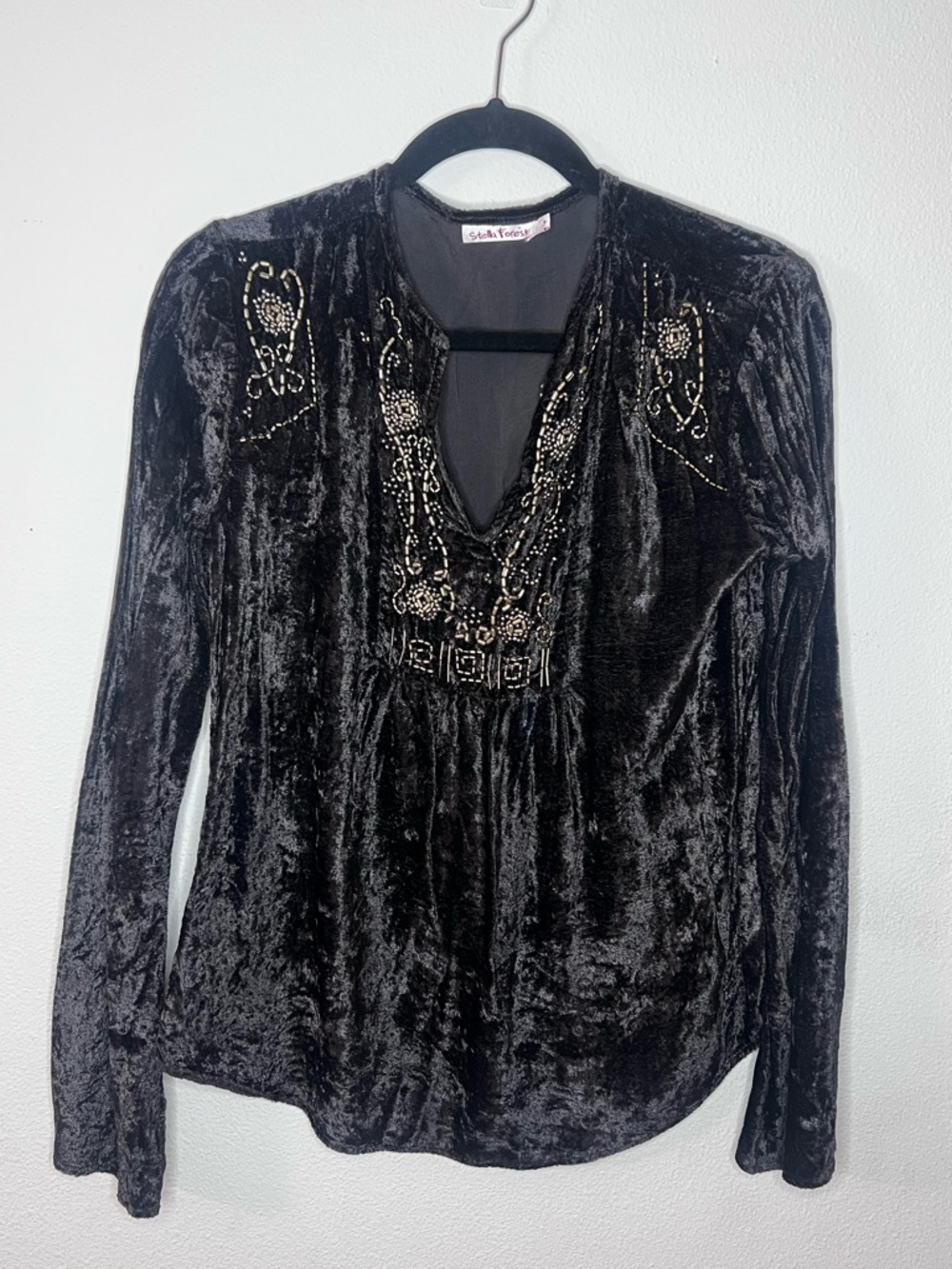 St. John Collection Black Velvet Beaded Long-Sleeve Blouse